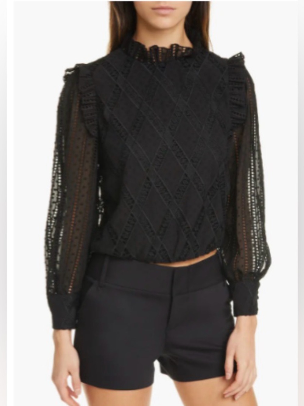 EUC Alice + Olivia Jos Puff Sleeve Eyelet Blouse in Black size L